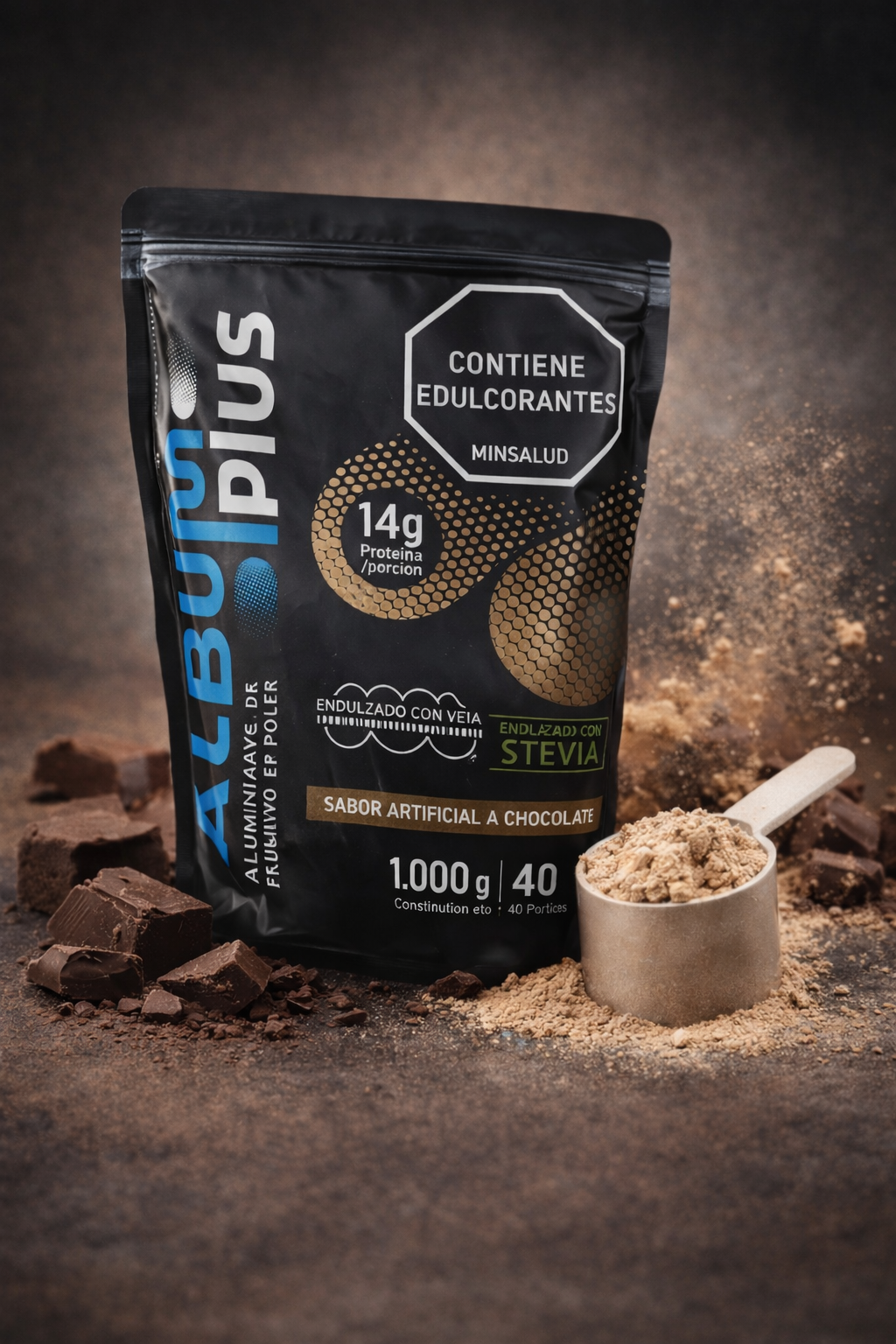 Bolsa de proteína de albúmina ALBU Plus con scoop de polvo y trozos de chocolate