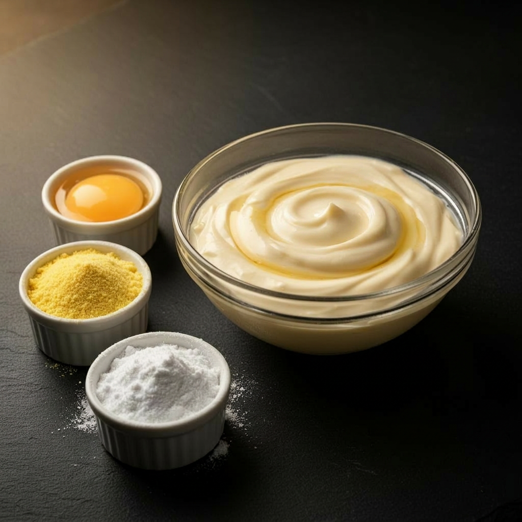 Bowl de mayonesa con ramekins de yema fresca, yema en polvo y clara en polvo sobre pizarra oscura