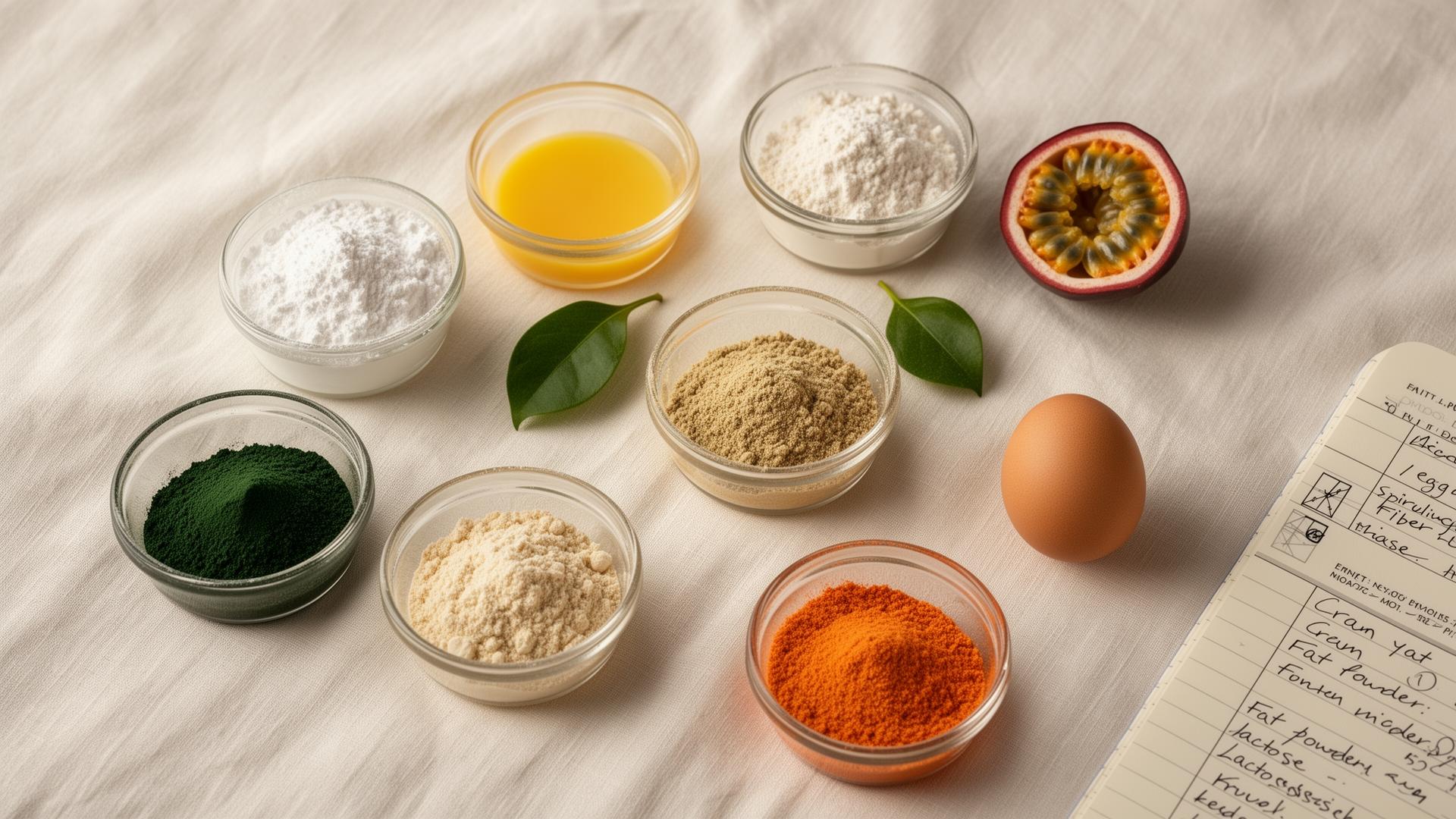 Flat-lay editorial de portafolio de ingredientes en polvo sobre lino blanco texturizado